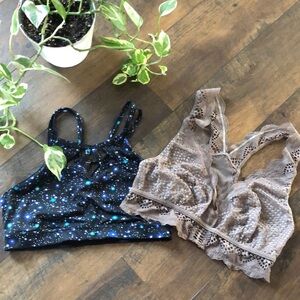 VICTORIAS SECRET 2 Very Sexy Bralette lace taupe sz L & navy stars worko…